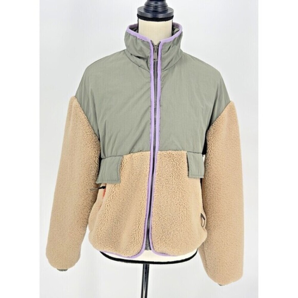 Zara Women’s Tan‎ Beige Fleece Sherpa Sage Green Zip Jacket X Small Rare